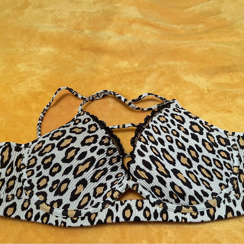 Luli Fama Leopard Print Bikin Top with Black Lace Trim - DD underwire push-up